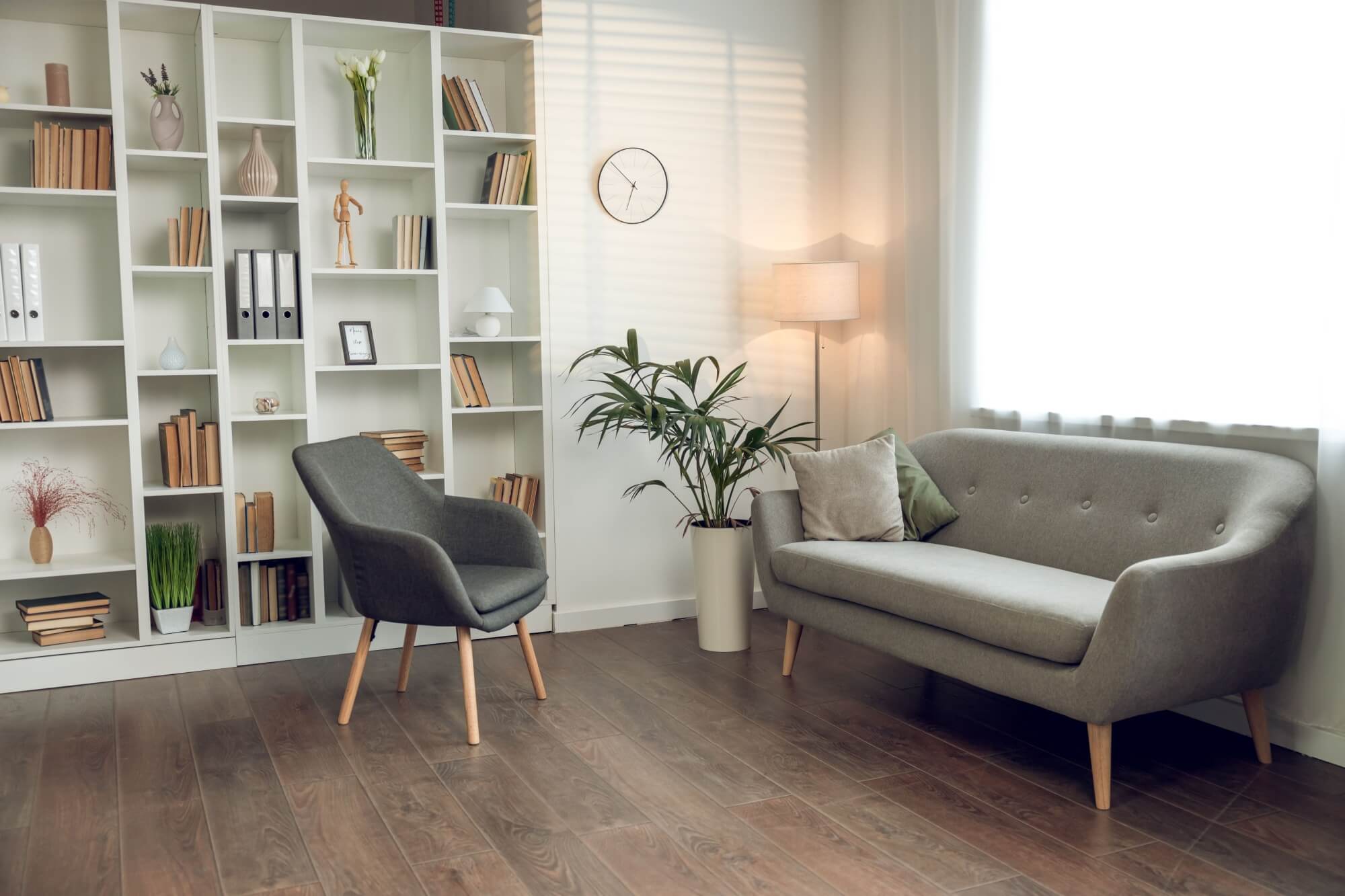 Psychologists office with cozy chairs sofa and shelves with books