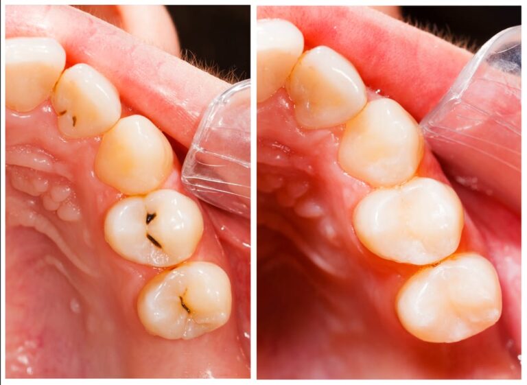 Teeth before and after treatment - dental composite filling