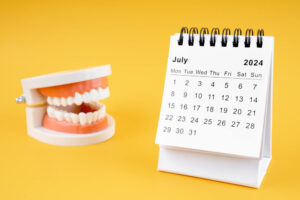 Desk calendar July 2024 and tooth model