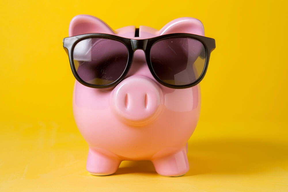 Pink piggy bank wearing sunglasses