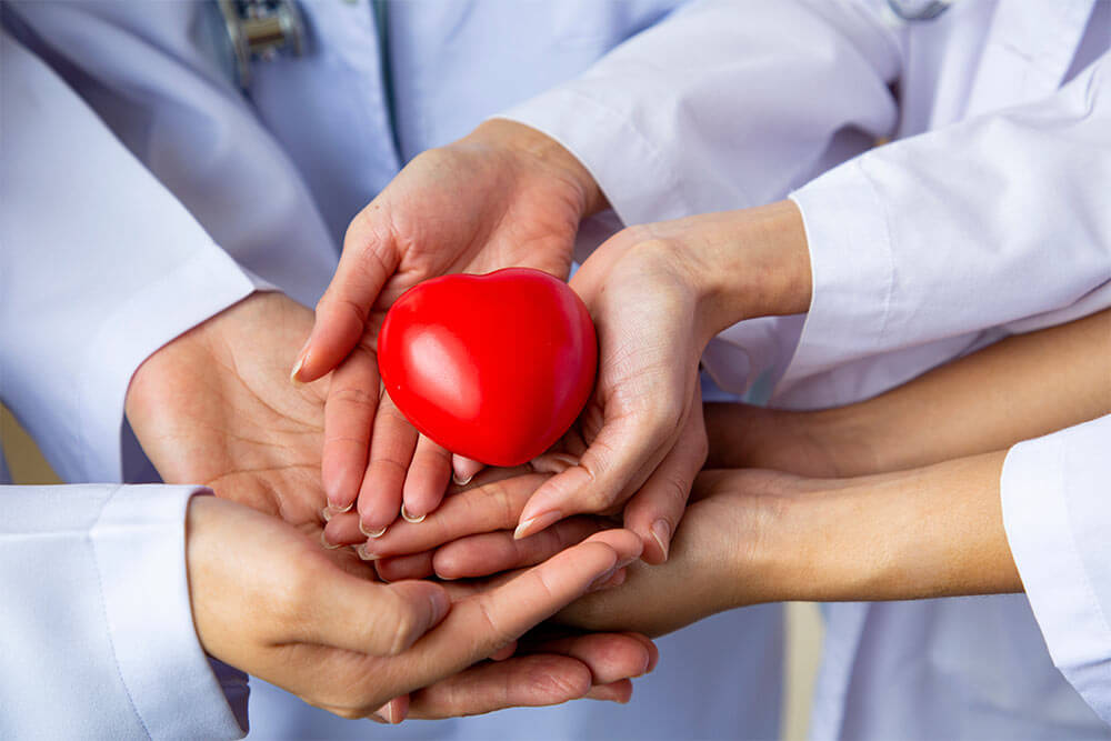 Medical team hold and support red heart