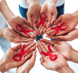 Group of young woman with red ribbons in hands are struggling against HIV/AIDS