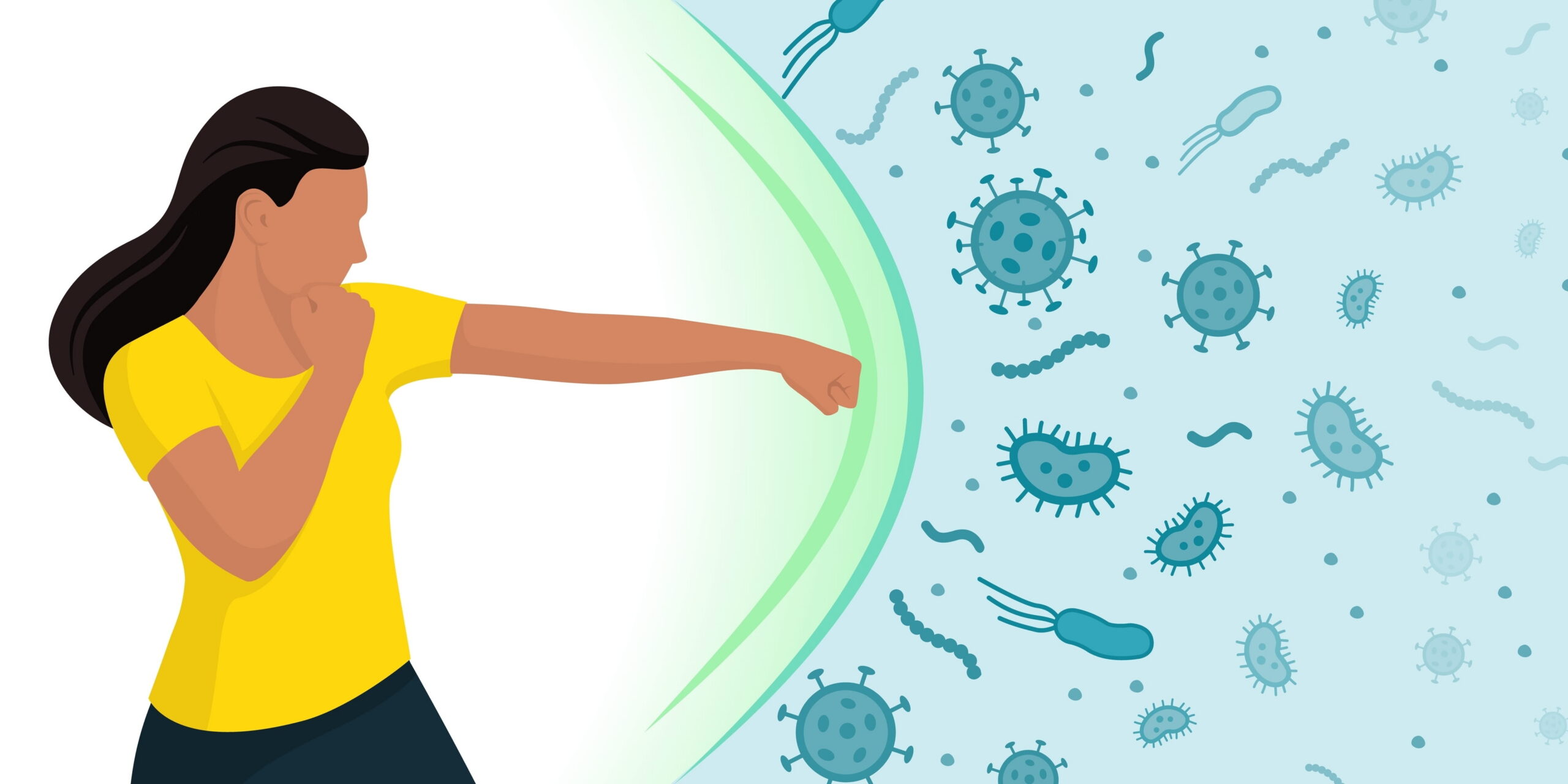 Woman with strong immune system: she is fighting germs, virus and bacteria