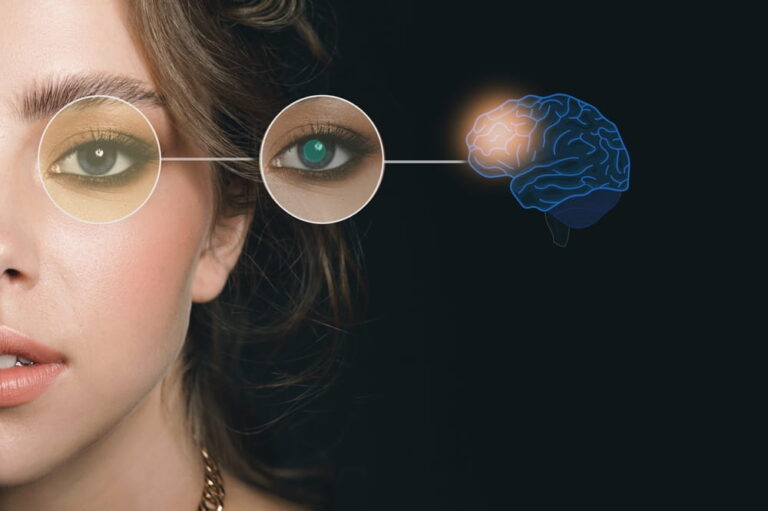 Female pupils and brain function, reveal a hidden signal about the work of your brain, dark background, close-up