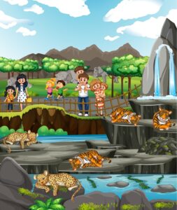 Scene with animals and people at the zoo illustration