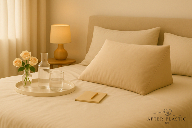 Calm sunlit bedroom designed for plastic surgery recovery with cozy linens, fresh flowers, and serene atmosphere in San Diego