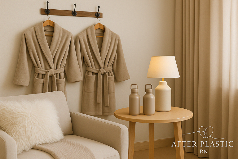Warm recovery space featuring two beige bathrobes, soft lighting, and matching reusable water bottles in a San Diego post-op care setting.
