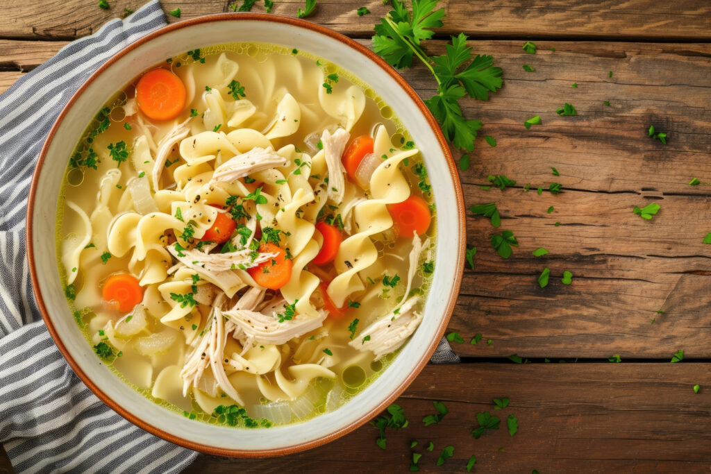 Recovery Nutrition after plastic surgery with healing chicken soup with egg noodles and bone broth