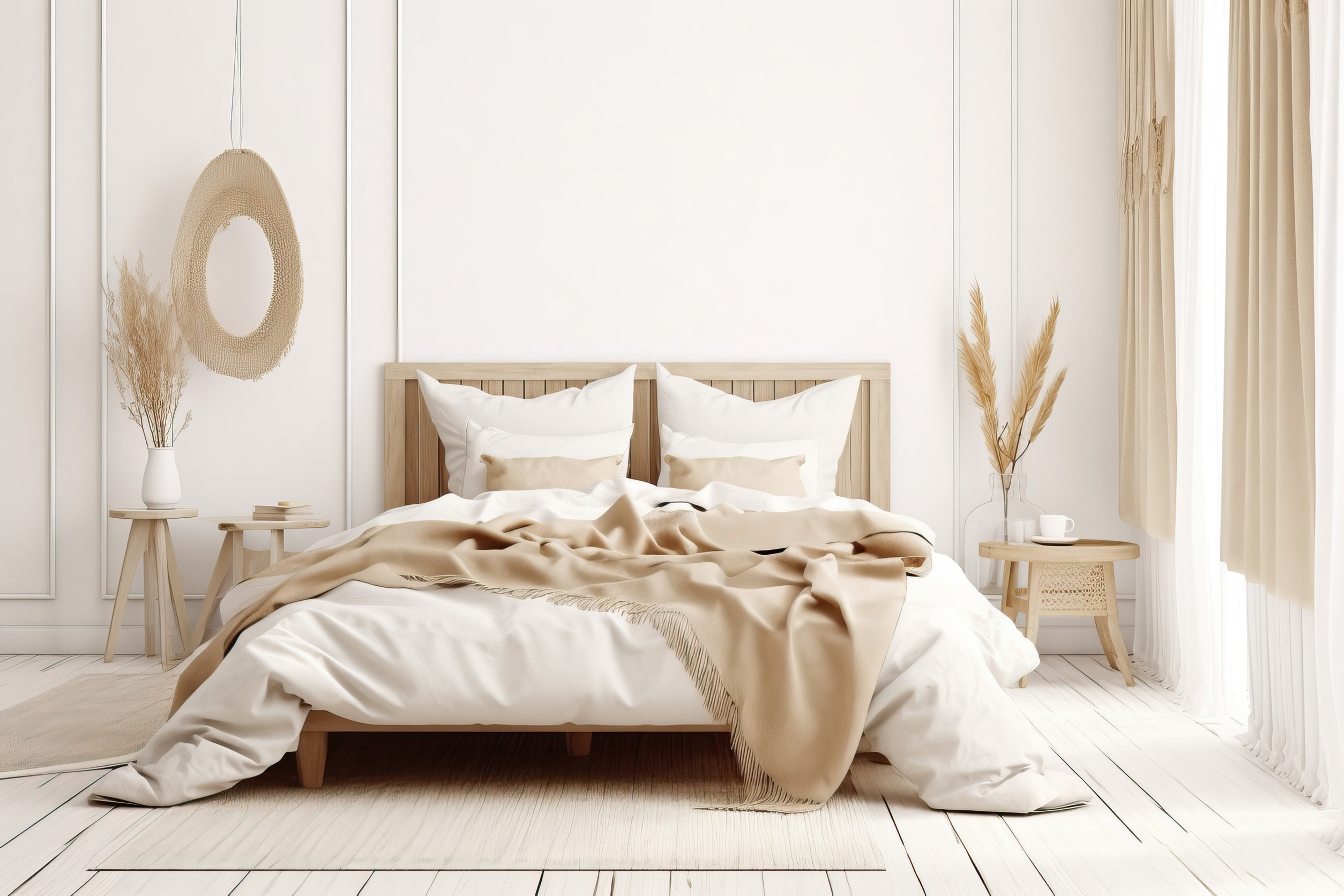 Calm neutral bedroom setup for a plastic surgery recovery house in San Diego