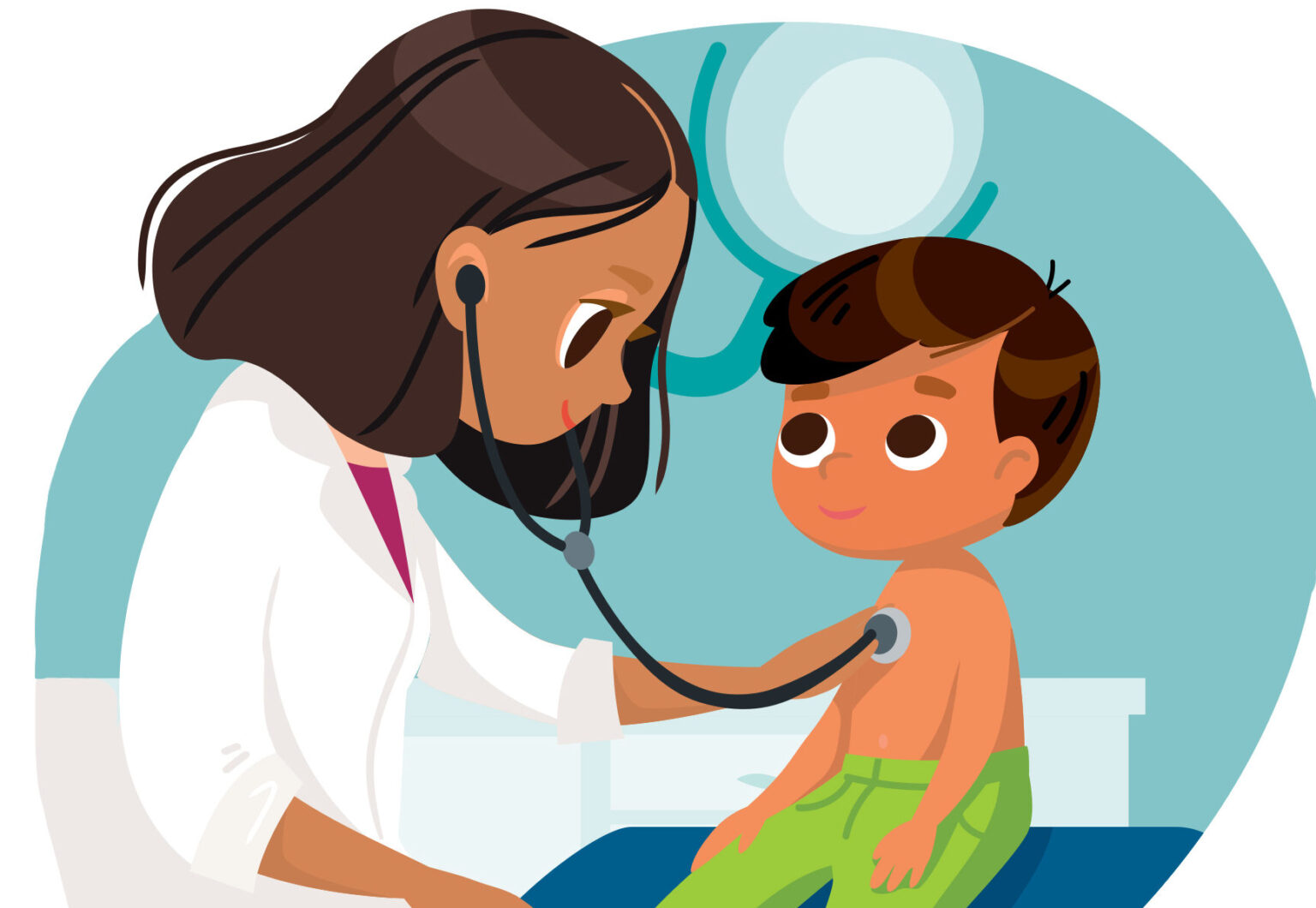 Illustration of doctor listening to heart and lungs of young child