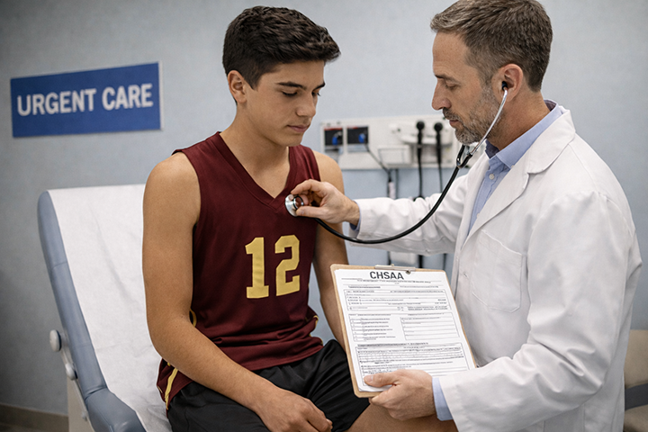 Medical providing using a stethoscope to listen to the chest of mail patient wearing basketball jersey.
