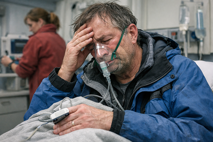 Man wearing blue jacket and an oxygen mask while holding his forehead with one hand.