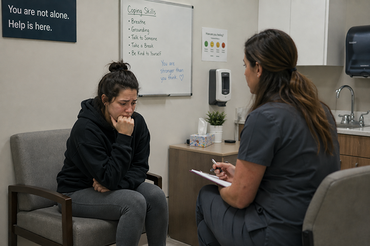 Young woman wearing black sweatshirt and gray sweatpants sitting medical clinic, looking distressed. Medical provider taking notes from across patient.
