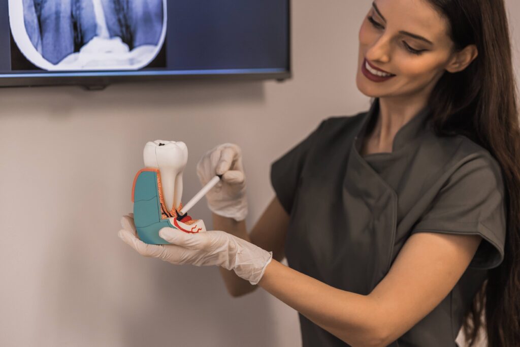 Doctor points to filled root canal in dental x-ray
