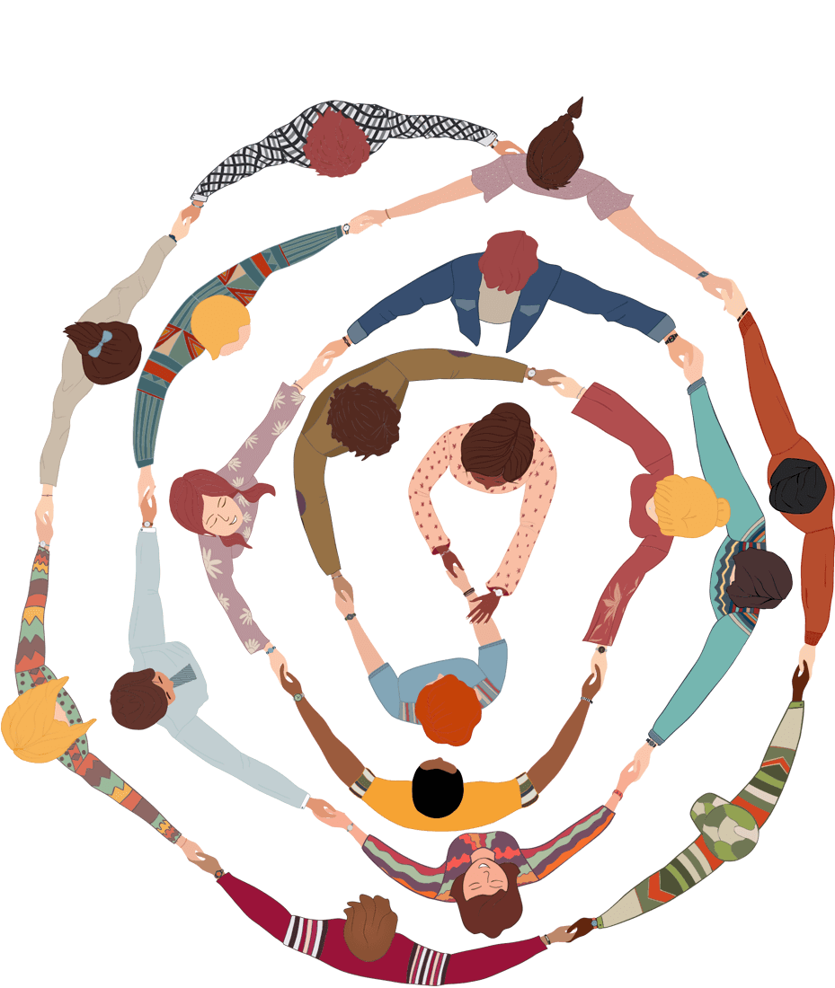 Group of people in circle from diverse culture holding hands