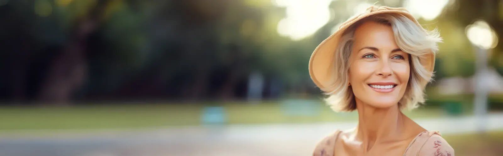 Beautiful smiling middle-age woman wearing hat