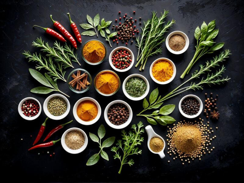 Top view of Herbs and spices isolated on background, ingredients for cooking food, healthy vegetables food, high fibers and vitamins.