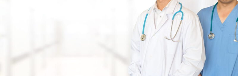 Medical healthcare doctor team concept. Physicians in white gown and stethoscope, hand holding computer tablet