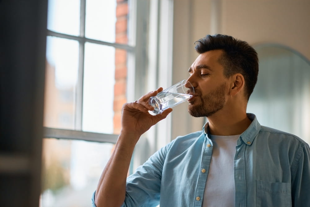 Mid adult man with eyes closed drinking water at home.