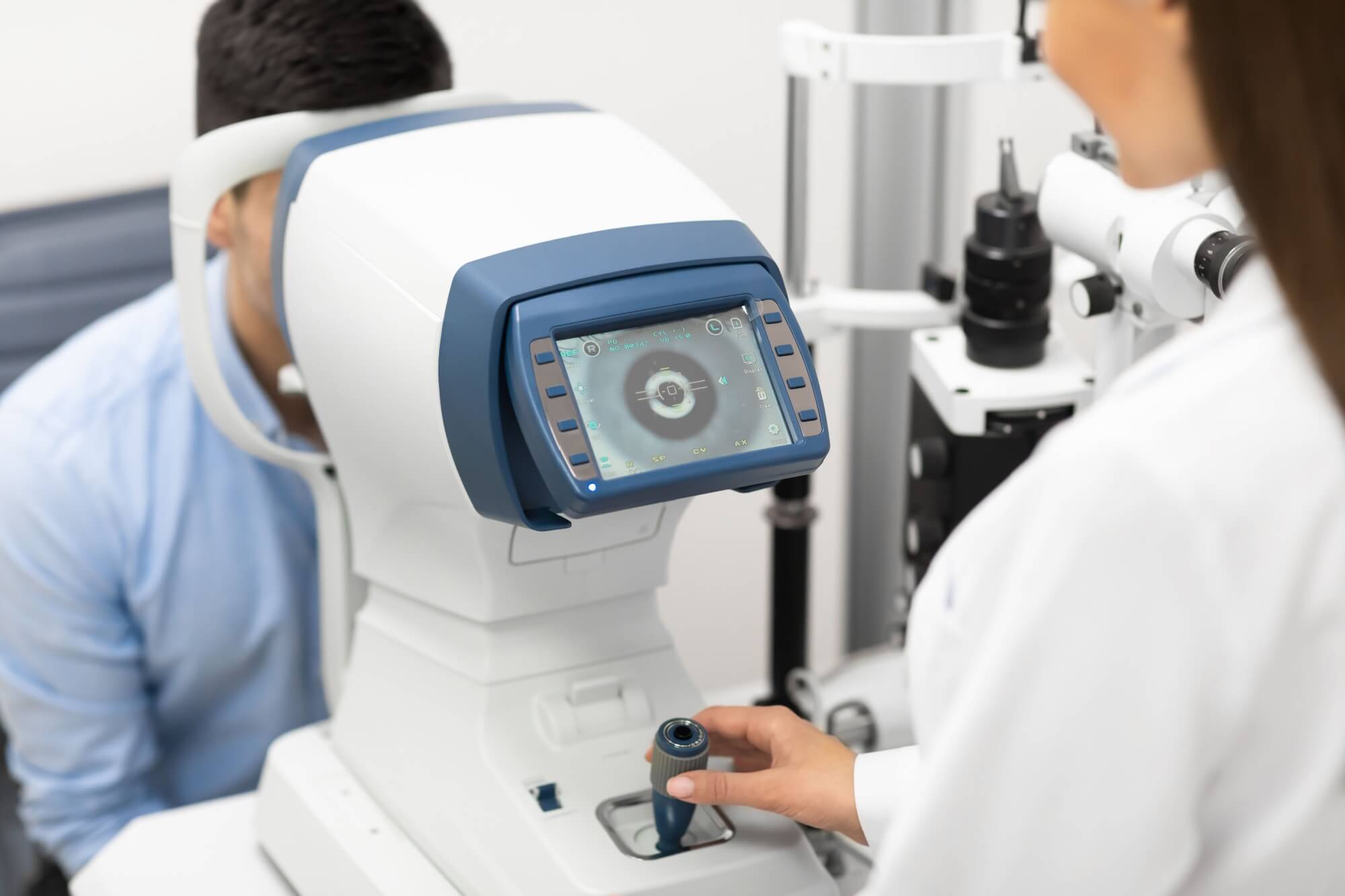 Modern medical equipment analyzing patient eyes