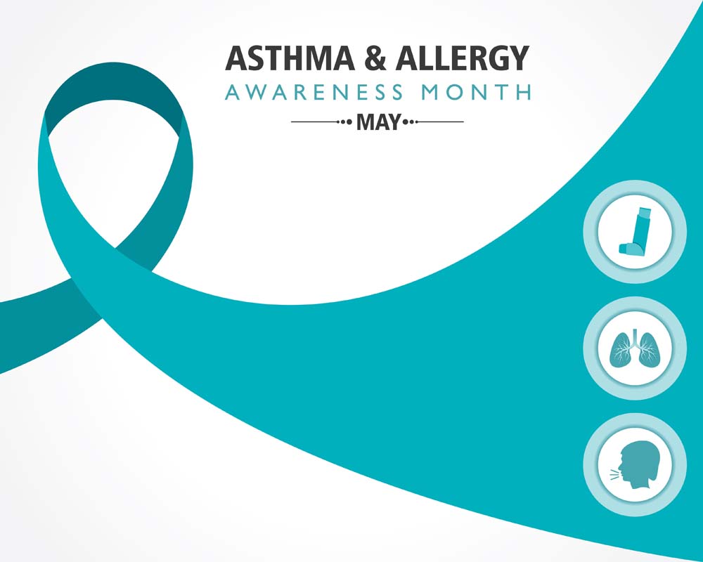 Vector illustration of asthma and allergy awareness month observed each year in May. people may have allergic asthma if they have trouble breathing during allergy season.