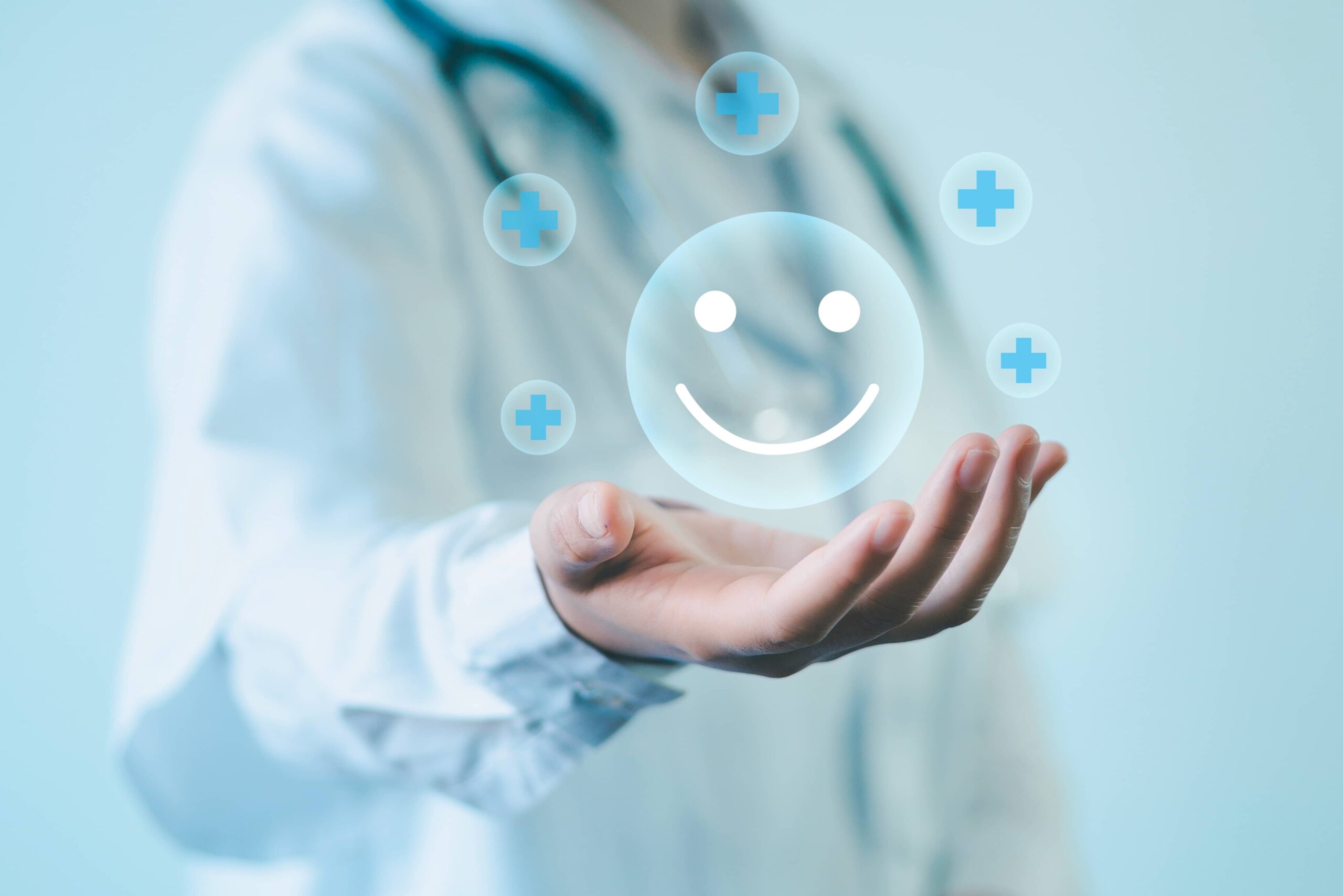 Good health service concept Satisfaction of hospitals and clinics Doctor holding a smiling face Good feedback score, evaluation, satisfaction