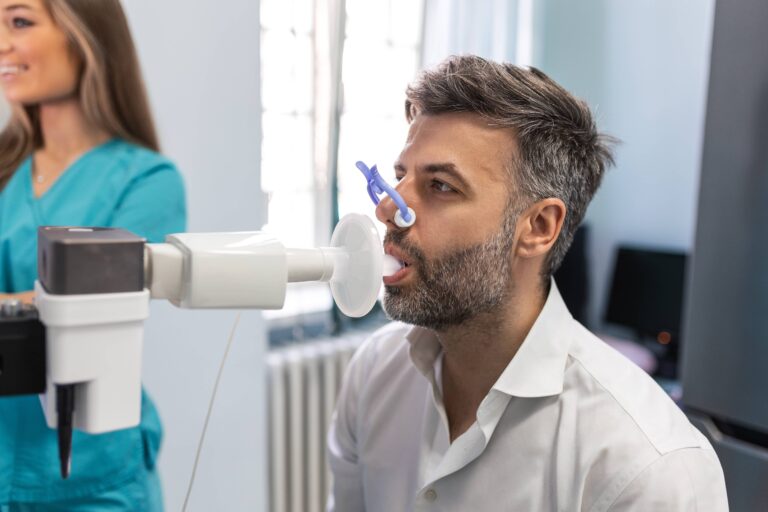 Man performing pulmonary function test and spirometry using spirometer at medical clinic. Spirometry of lungs
