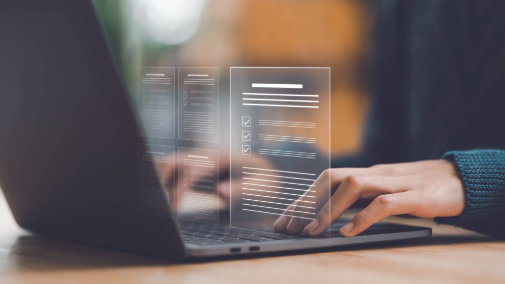 Businessman showing online document validation icon