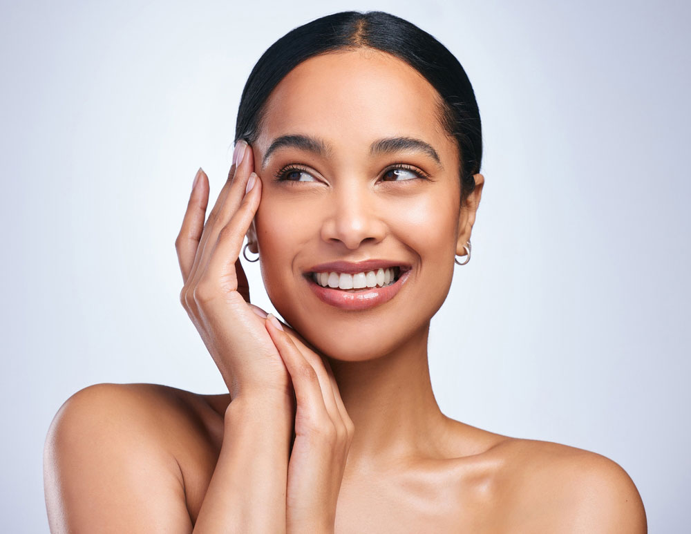 Woman, thinking and clean skincare in studio