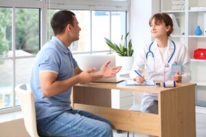 Young man visiting doctor in clinic