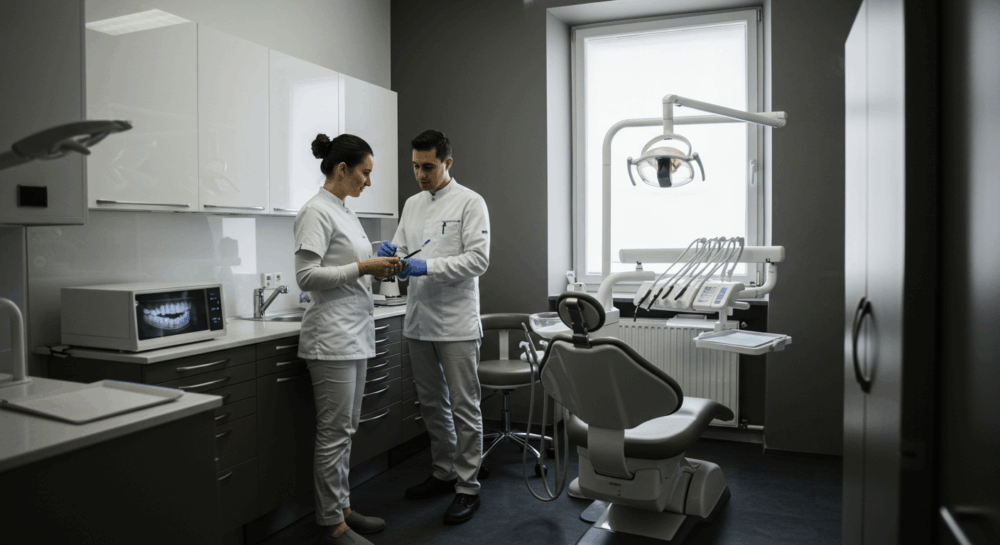 a modern dental clinic, featuring two dental professionals, possibly a dentist and a dental assistant