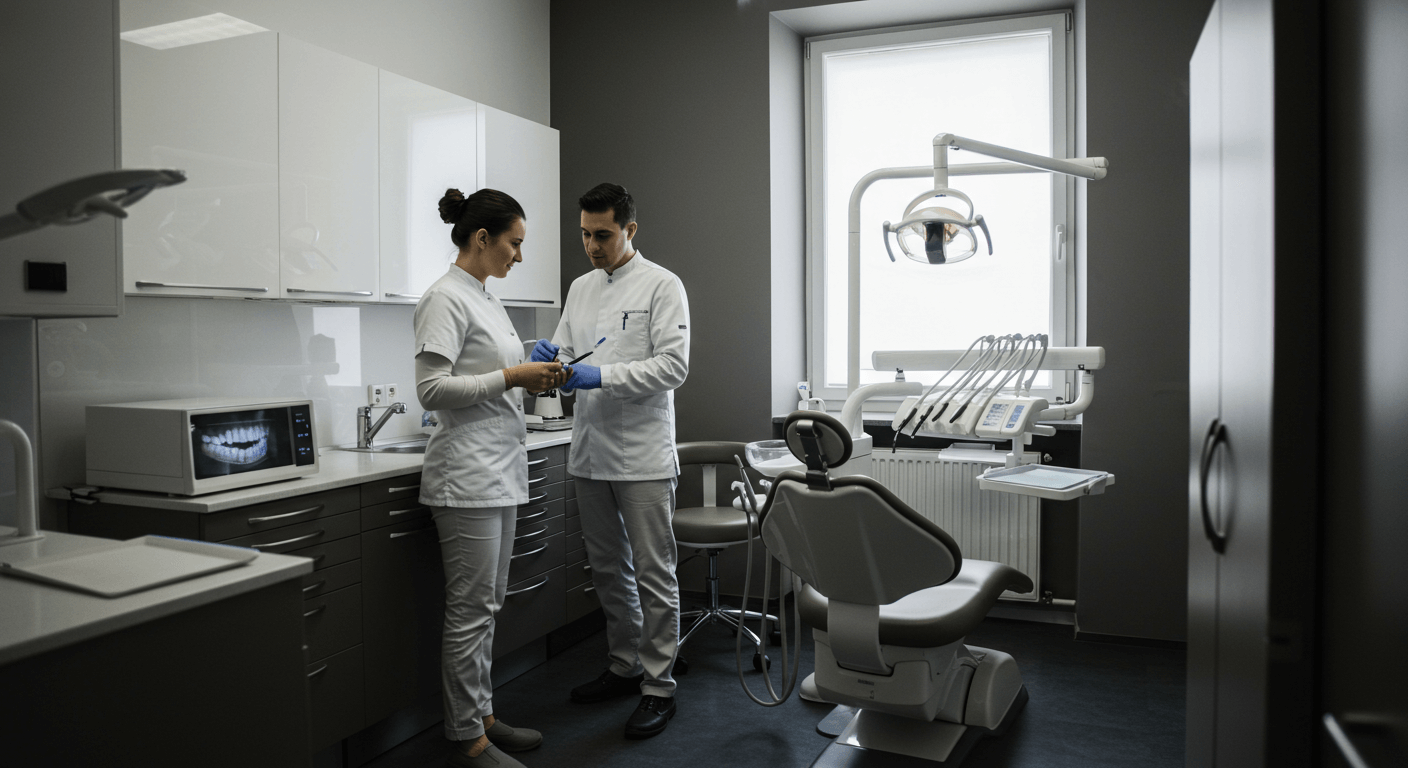 a modern dental clinic, featuring two dental professionals, possibly a dentist and a dental assistant