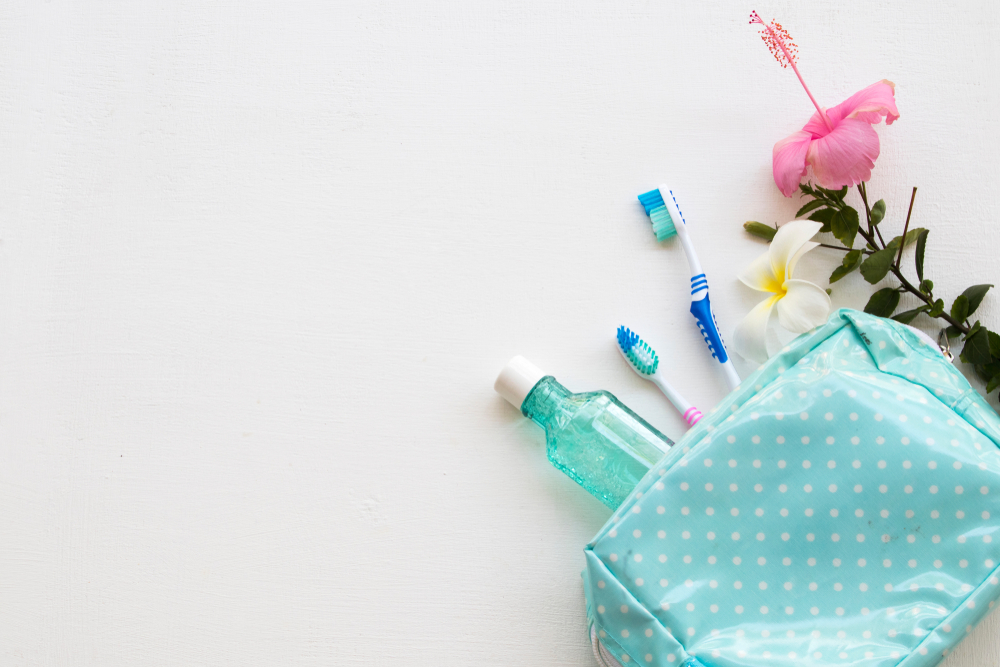 health care for oral cavity in blue bag travel