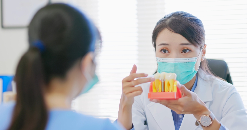 close up of asian female dentist introduces patient for dental implant
