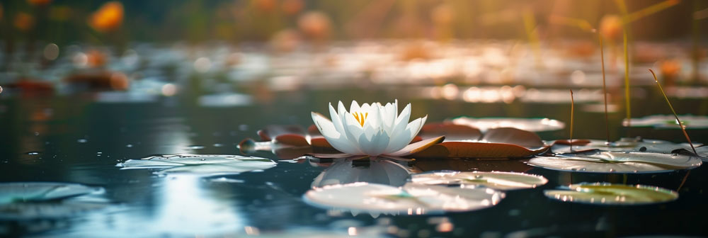 A white lotus flower floating on a tranquil pond with lily pads, bathed in soft sunlight.