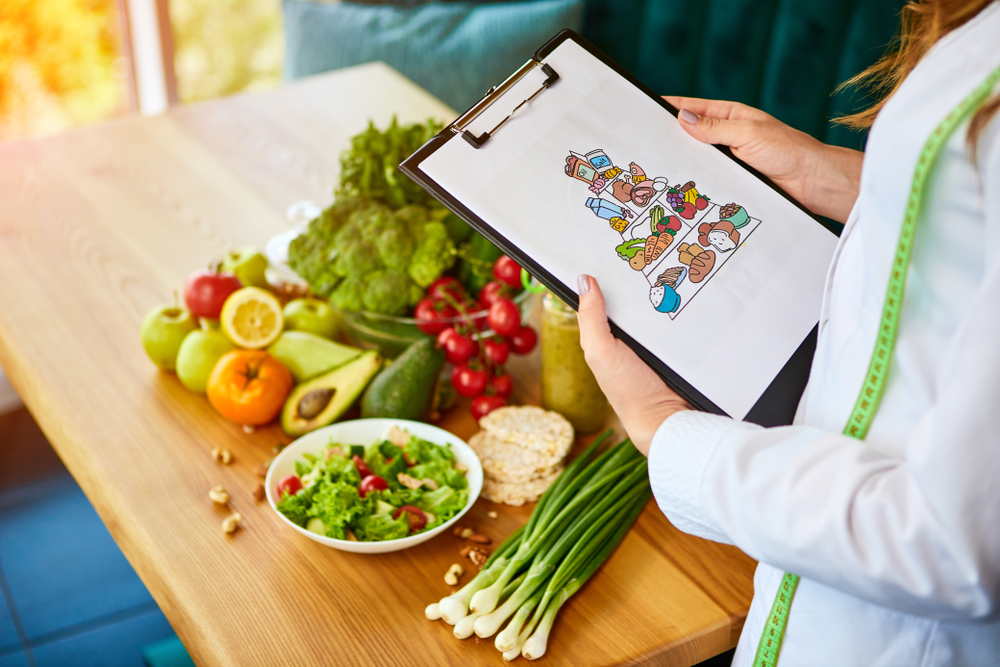 Holding schematic meal plan for diet with various healthy products