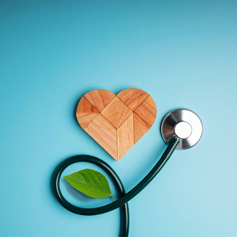 Wooden Jigsaw as Heart Shape with Stethoscope and Leaf. Look like Flower Plant