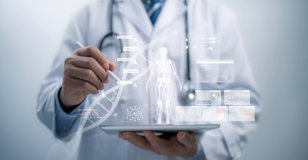 Medical worker touch virtual medical revolution and advance of technology Artificial Intelligence