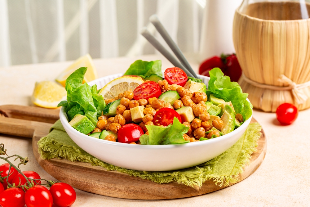 Kitchen table with Mediterranean chickpea salad