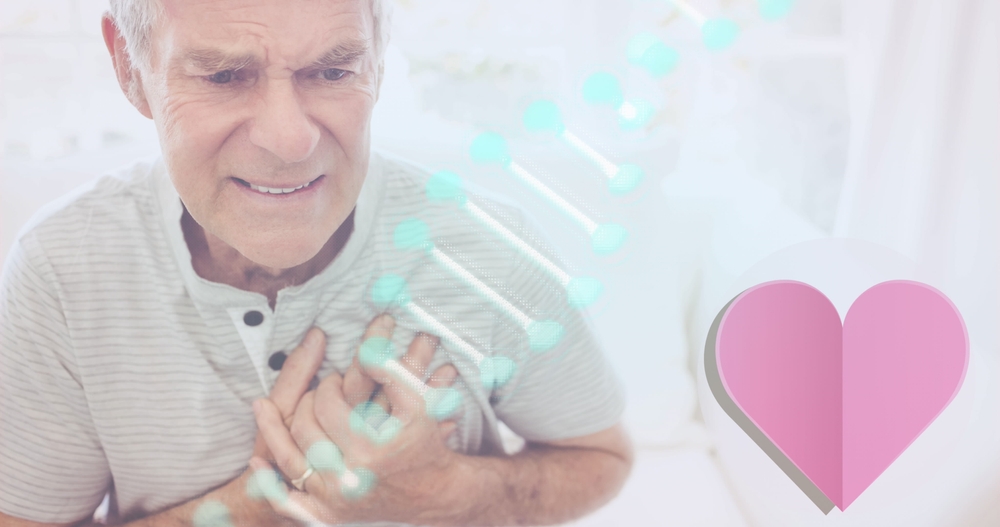 Image of heart icon, dna strand spinning over senior man in pain holding his chest. medicine and healthcare concept digitally generated image.