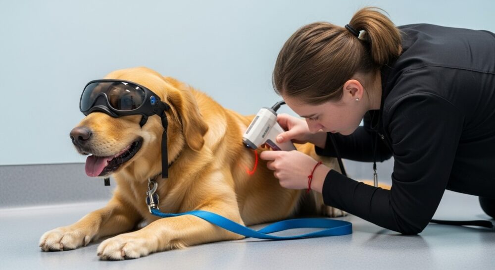 a dog undergoing laser therapy, also known as photobiomodulation