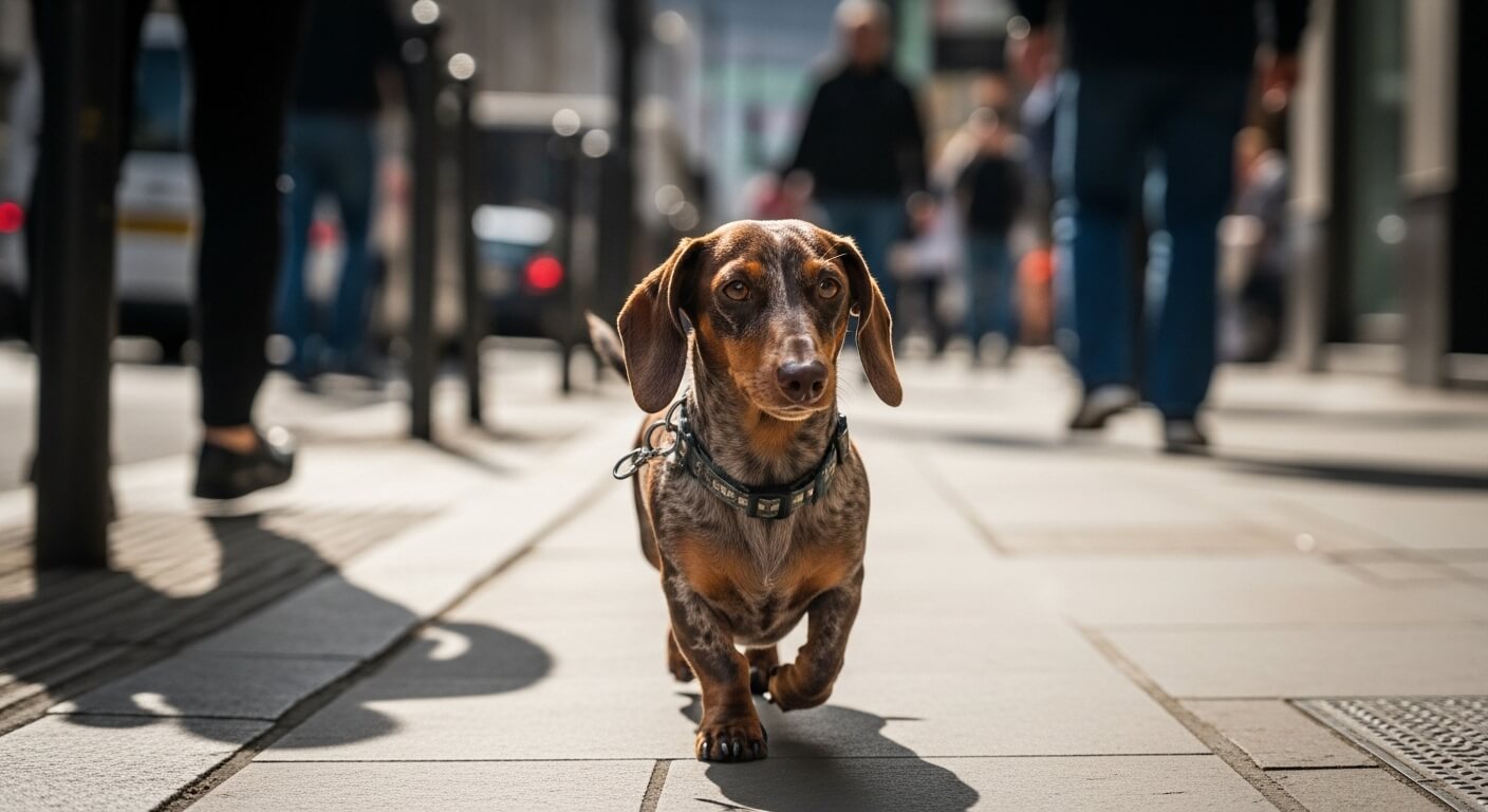 a Dachshund walking on a street