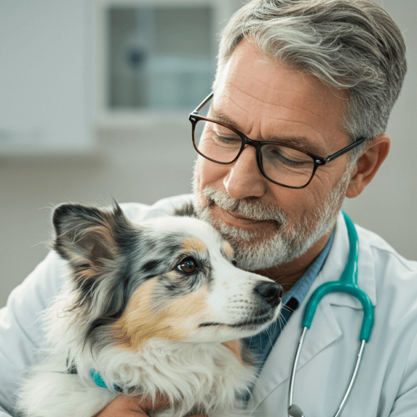 male vet carrying a dog