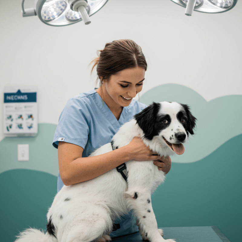 a female veterinarian and a black and white dog during an examination at a veterinary clinic