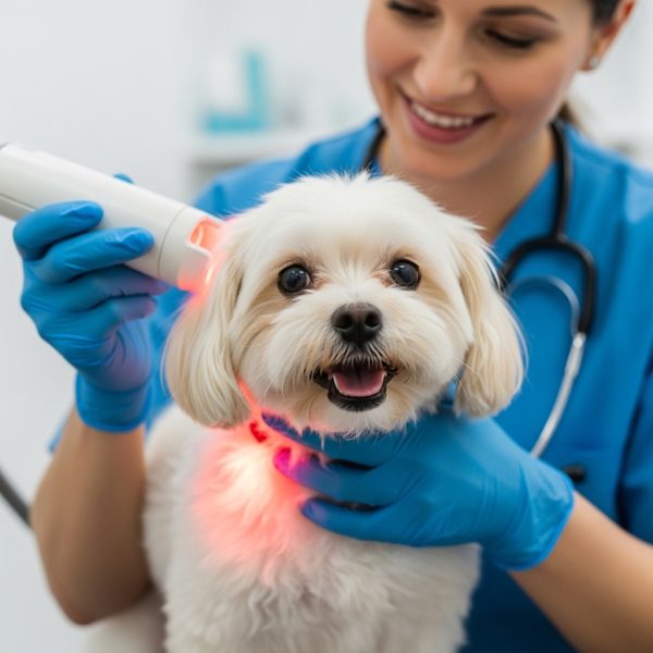 a small, white dog, likely a Maltese, undergoing a light therapy or laser treatment