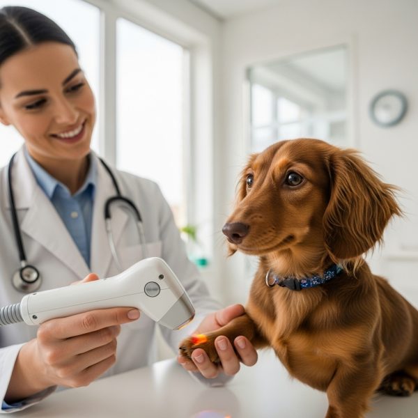 a veterinarian performing a laser therapy treatment on a dog's paw