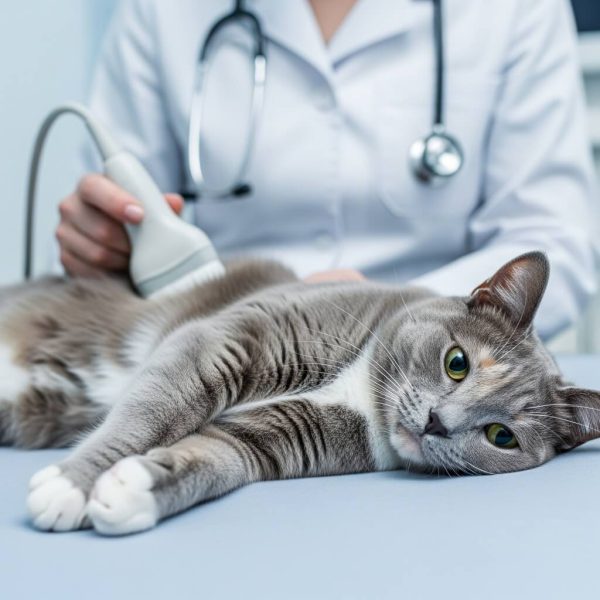 a veterinarian performing an ultrasound scan on a cat