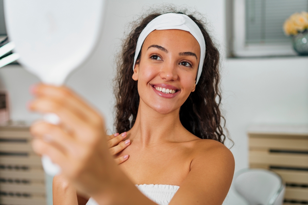 young girl with headband in a spa looks at herself in a mirror