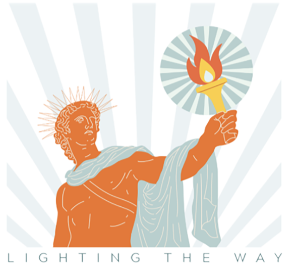 stylized illustration of Helios from Greek mythology, holding a torch