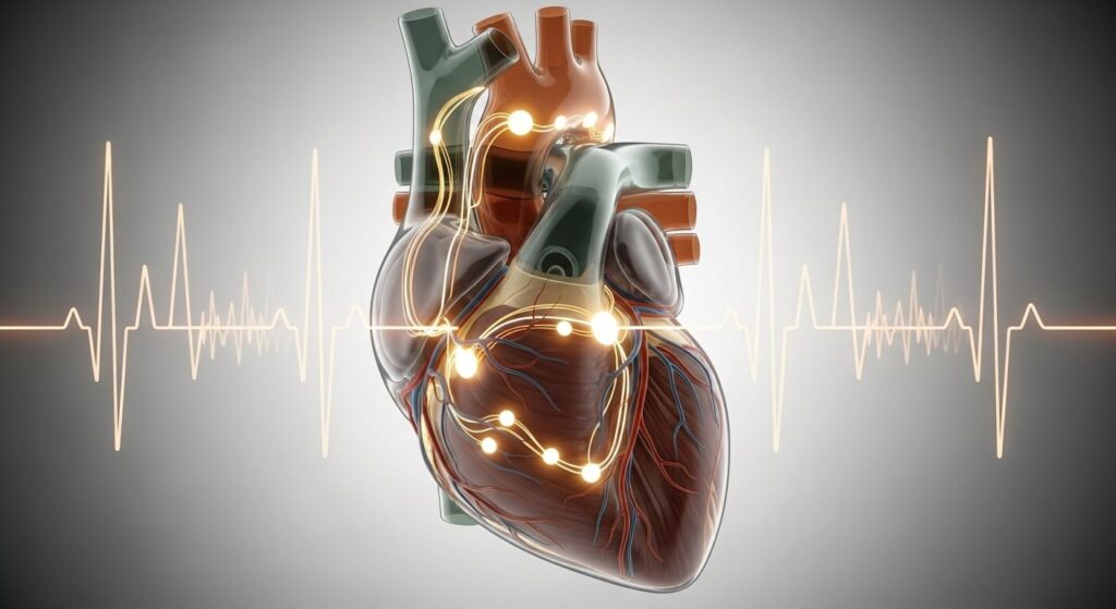 stylized representation of the human heart, emphasizing its electrical activity and role in the circulatory system